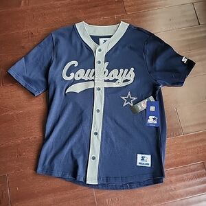 Large STARTER Dallas Cowboys Button Baseball Jersey Men's 90s Style Tee SHIRT